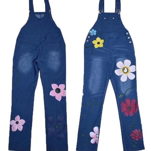 🌸L Blue Flower Power Denim Overalls - Picture 5 of 6